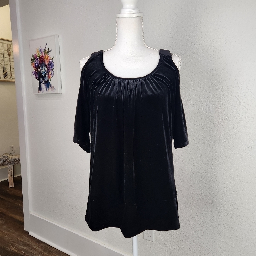 Boston Proper Black Velvet Cold Shoulder Blouse Top Size Medium